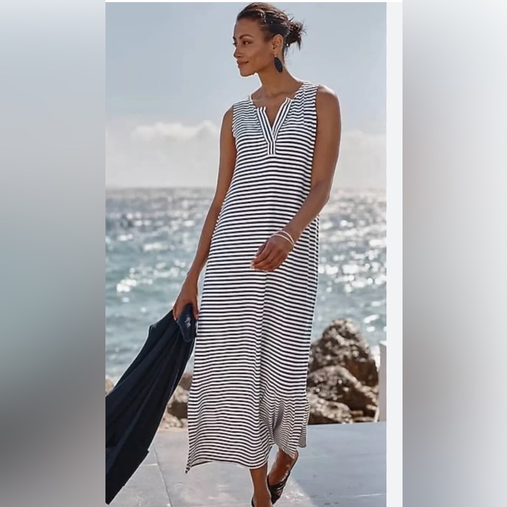 J Jill size Large Wearever Collection Mixed Stripe Maxi Dress Navy / White
